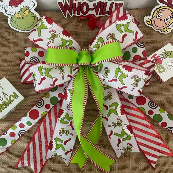 Grinch Wreath bow,Grinchbow,Christmas Grinch bow,Candy Cane,ChristmasTree topper - Picture 1 of 6